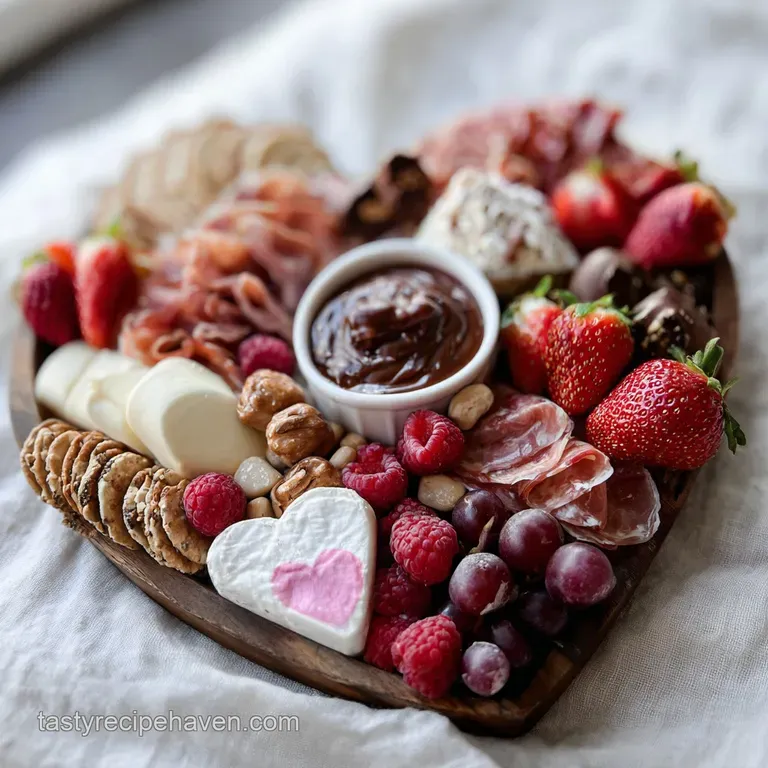 An artful arrangement of heart-shaped cheeses, rosy salami roses, and bright red berries on a wooden serving board.