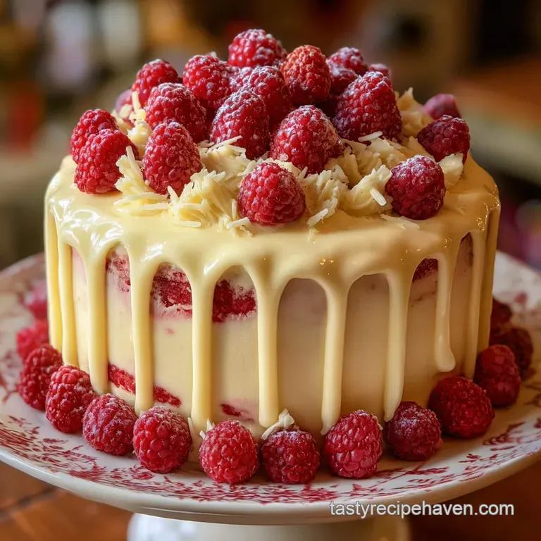 Slice of white cake with raspberry filling on a plate. Creamy frosting, bright berries, and rich chocolate create an invit...