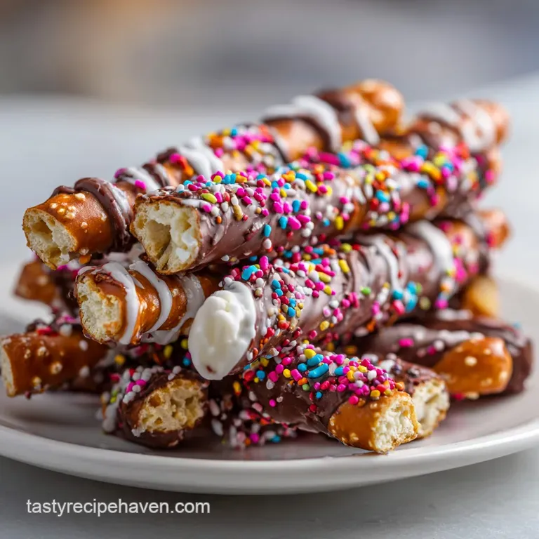 Festive Valentine's Day pretzels arranged on a white plate. Colorful, candy-coated, and decorated for a sweet holiday treat.