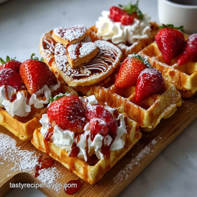 Crisp, golden waffle quarter with red strawberries, juicy blueberries, and a dollop of white whipped cream. Valentine's Da...