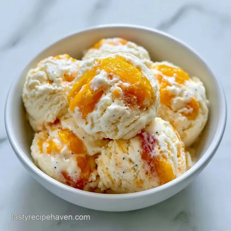 A pale yellow frozen dessert served in a crystal coupe glass topped with a fresh peach slice and a mint sprig.