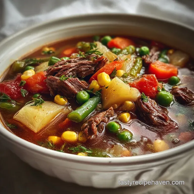 Steaming bowl of vegetable beef soup garnished with fresh parsley. A rustic spoon rests nearby, ready to enjoy the warmth.