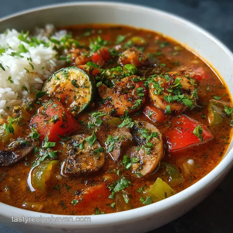 Steaming bowl of velvety gumbo, ladled over fluffy rice. Garnished with scallions and a bright red chili for contrast.