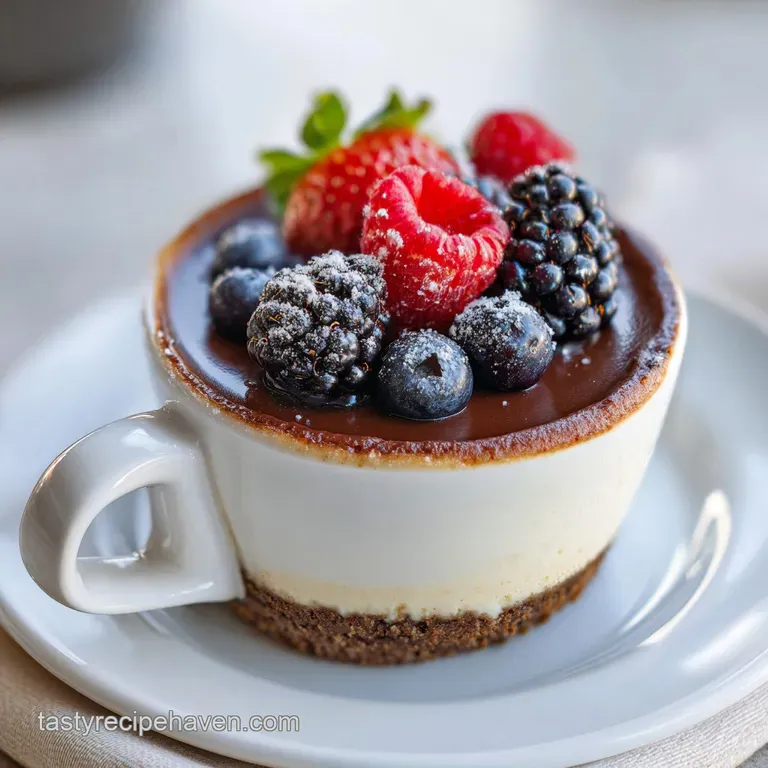 A slice of velvety espresso cheesecake on a white plate, garnished with a drizzle of cream.