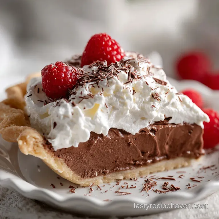 Slice of chocolate cream pie on a plate, topped with whipped cream and chocolate shavings. Glossy filling contrasts with t...