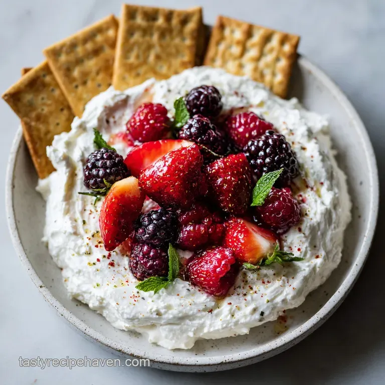 Elegant fruit dip in a stemmed glass, garnished with fresh raspberries and mint leaves. Sliced kiwi and starfruit add pops...