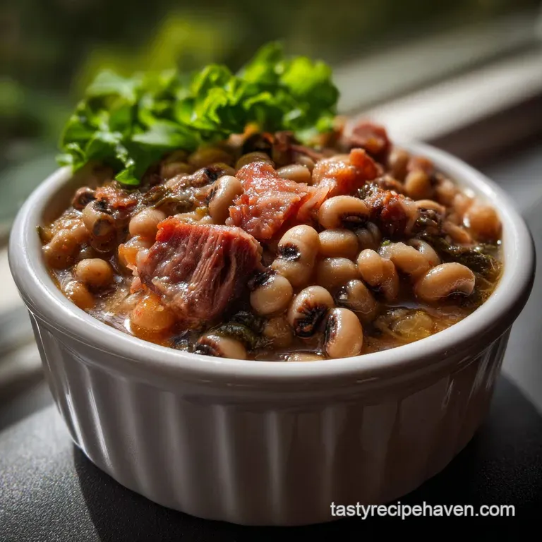 Creamy, dark-green pot likker served in a rustic bowl, garnished with a sprig of parsley. The peas are plump and ready to ...