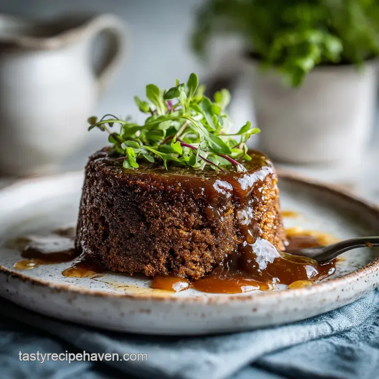 Moist sticky toffee pudding on a plate, drizzled with caramel, topped with a dollop of cream; a decadent dessert.