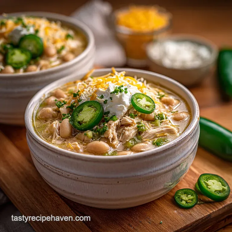 A steaming bowl of creamy white chili, topped with a dollop of sour cream and vibrant cilantro, sits on a rustic wooden su...