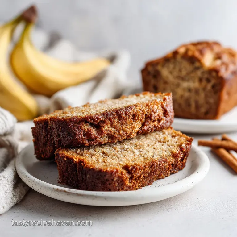 A rustic slice of cinnamon banana bread, drizzled with honey, on a white plate with a fork.