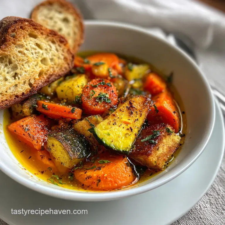 A vibrant, steaming bowl of winter soup, showcasing the mix of tender roasted vegetables and savory broth, topped with fre...