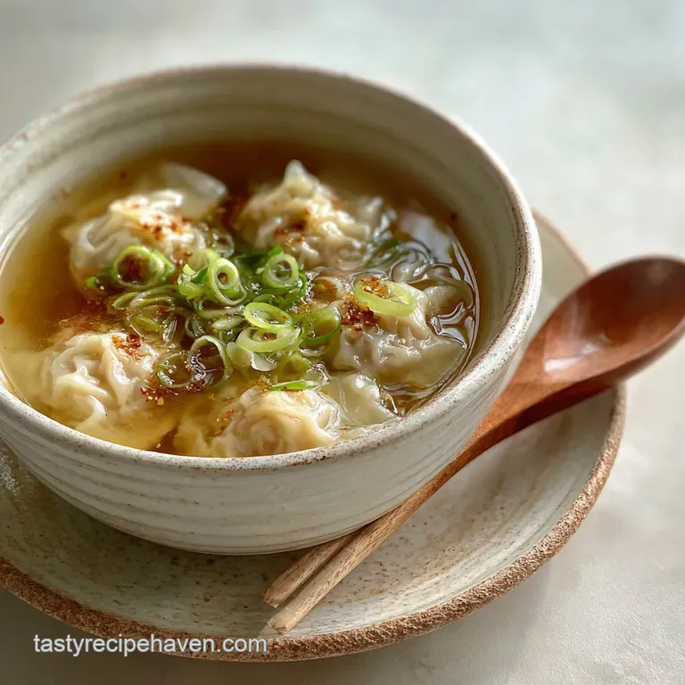 Elegant bowl of clear broth with delicate wontons, vibrant green spinach, and a drizzle of chili oil, ready to eat.