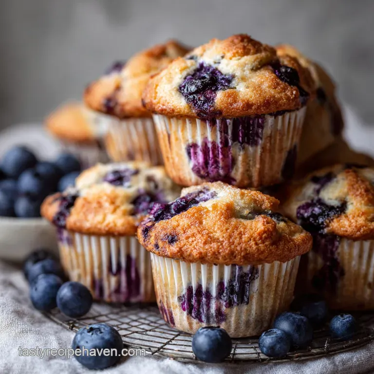 A single, fluffy blueberry muffin on a delicate white plate, dusted with powdered sugar. Blueberries visible throughout th...